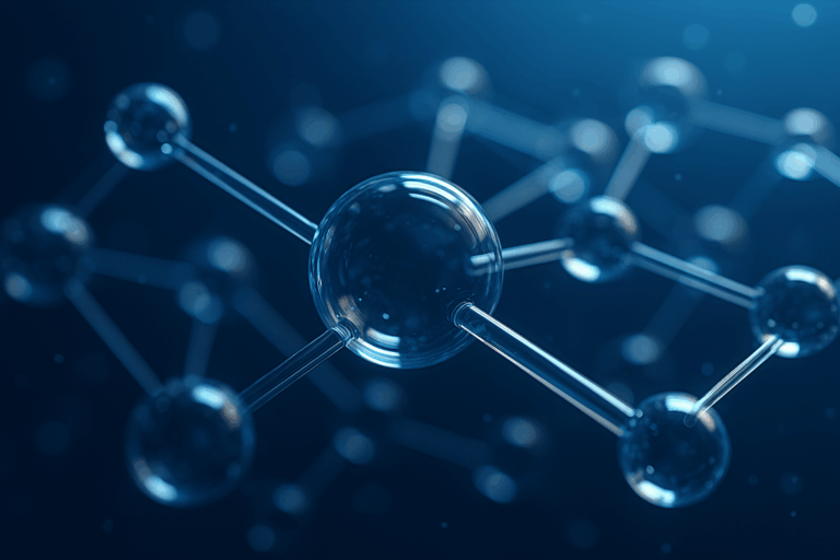 分子構造をモチーフにしたネットワークイメージ。システム思考で複雑な世界のつながりを見抜く概念を表現。