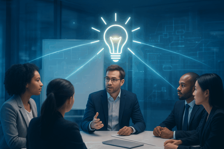 ホログラム映像と光エフェクトが浮かぶ未来的な会議風景、複数の人物が思考パターンを共有している様子。