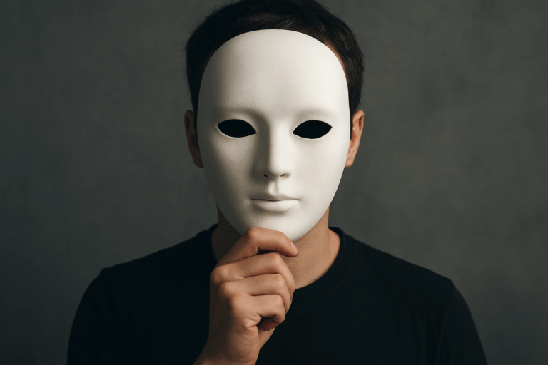 虚栄心を象徴する仮面をかぶった人物のイメージ