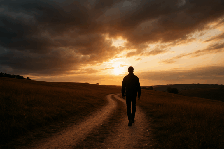 夕日を背に静かな道を歩く人物のシルエット