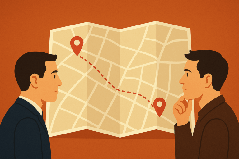 人の言葉と行動の違いを象徴する道と分岐を描いたイラスト、信頼できる人を見極める概念図