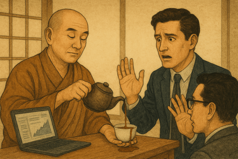 禅僧が茶を注ぎ続け、学者の茶碗から茶があふれている。学者は驚いた表情で手を上げている。禅の逸話「茶碗の教え」を象徴し、思い込みを手放すことの重要性を描いている。