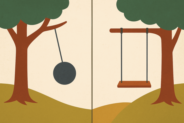 木から吊るされた振り子とブランコが対比的に描かれたシンプルなイラスト