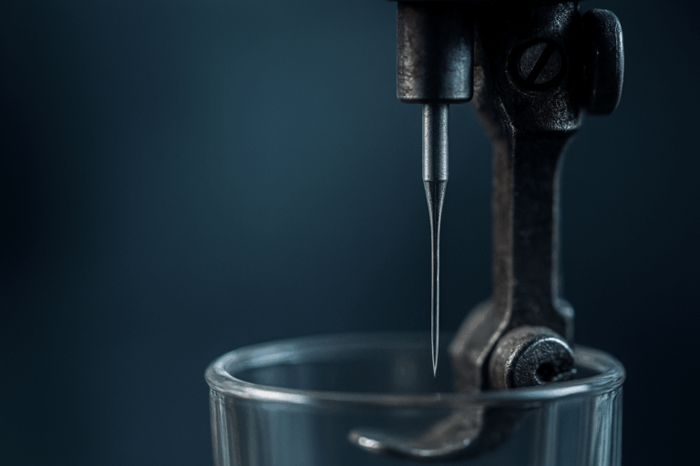 工業用ミシン針がガラス容器の上に静かに構えられている、精密さと職人技を象徴するクローズアップ画像。