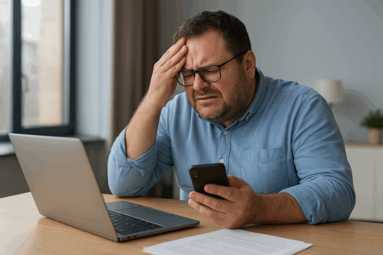 スマートフォンを手にしながら株価下落に落胆し、頭を押さえて苦悩する中年男性の投資家