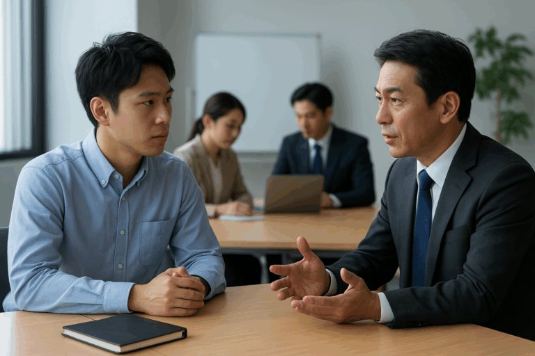 会議室で若手エンジニアに向き合い、誠実に話すスーツ姿の上司。背後では他のメンバーが静かに見守る。