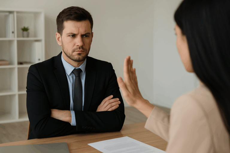 オフィスで穏やかに話し合う二人のビジネスパーソン。互いに信頼と尊重を示す表情が印象的なシーン。