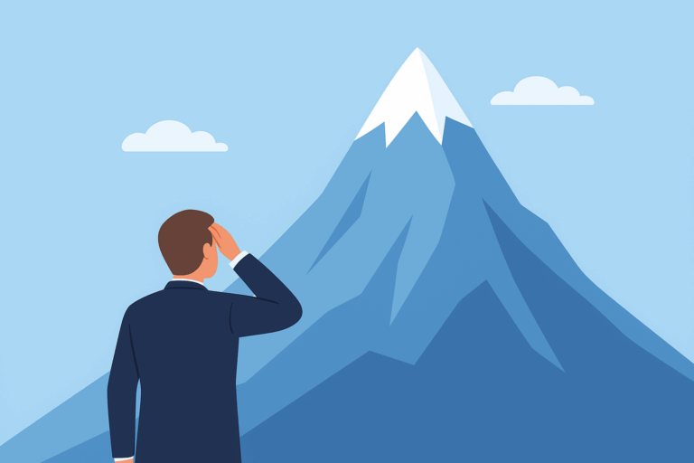 株式市場で自信過剰な投資家が「愚昧の山」に立ち、少数の賢者が「開悟の坂」を登る様子を描いたイラスト