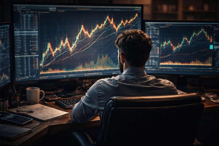 静かな画面の前で、市場と自分自身を見つめ直すトレーダー